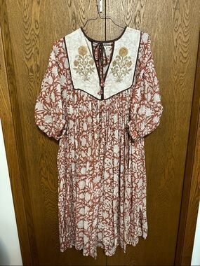 Daughters of India Rust Floral Midi Dress with Embroidered Yoke